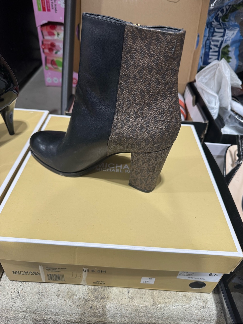 MICHAEL Michael Kors Black Leather & Brown Logo Block Heel Ankle Boot - Picture 2 of 5